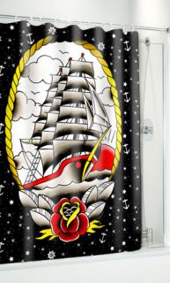   Clipper Ship Shower Curtain Black with Tattoo Styled Clipper Ship