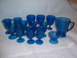 Vintage lot of 14 Pieces BLUE Plastic Cups & Pitcher for Doll / child