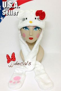 Men Women Hello Kitty With Red Bow Long Animal Hood Hat with Paw 