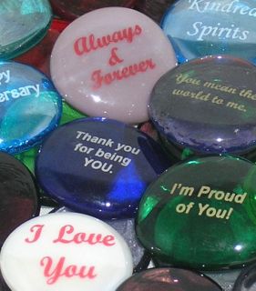 Colored Glass Imprinted Love Stones   Sayings O thru Z