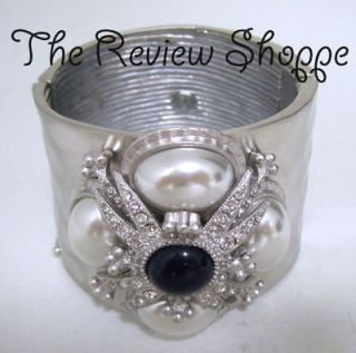 St John Silver Plated Faux Pearl Hinged Cuff Bracelet w/ Blue Stone 