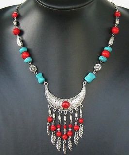 Tibet style Tibetan silver charming turquoise coral pendant necklace