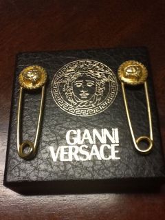   Versace Set of 2 Large, Gold Safety Pin Brooches with Medusa NEW