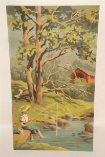 vintage paint by number summertime boy fishing covered bridge picture