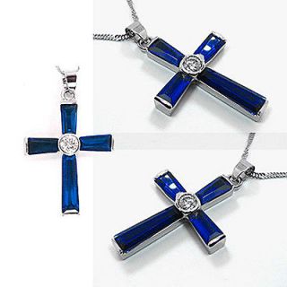 Fashion Jewelry Gift Cross Cut Blue Sapphire White Gold GP Pendant 
