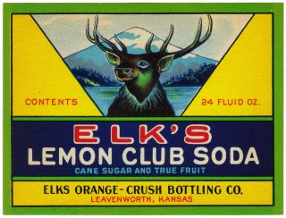 Old soda pop bottle label ELKS LEMON CLUB SODA Orange Crush 