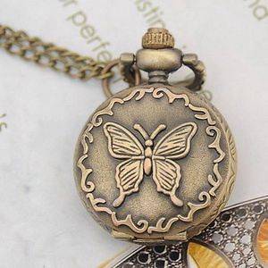   Bronze Butterfly Long Necklace Pendant Clock Watch Necklace Quartz