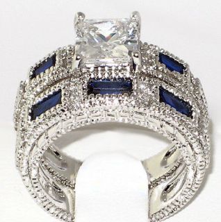 Deep Blue lab Sapphire & Cubic Zirconia ANTIQUE Bridal Wedding Ring 