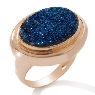   Oval BLUE DRUSY Quartz Ring 14K Yellow Gold Clad Silver 925 Gemstone