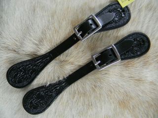 Black Tooled Leather Adult Size Western Spur Straps NEW