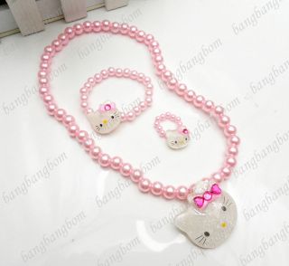 J51 Cute Faux Pearls HelloKitty Pendant Necklace Bracelet Ring 3 Style 