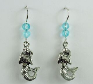 Pewter and sterling silver Mermaid with shell dangle earrings Merma 