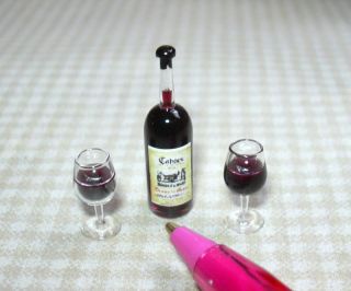 Miniature Red Wine Bottle, Real Liquid Glass Glasses DOLLHOUSE 