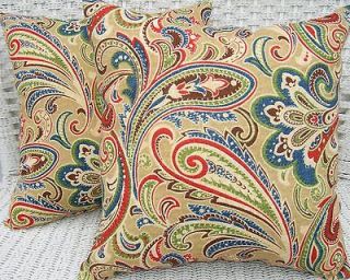   TAN BLUE RED GREEN PAISLEY INDOOR OUTDOOR DECORATIVE THROW PILLOWS