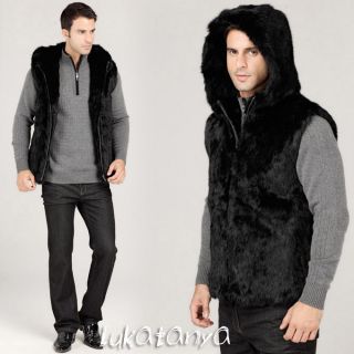 100% Real Quality Rabbit Fur Mens Winter Warm Vest Coat with Hood NEW 