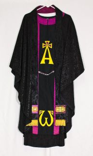 BLACK BROCADE CHASUBLE & STOLE PAX AW Clergy Catholic Priest Vestments 