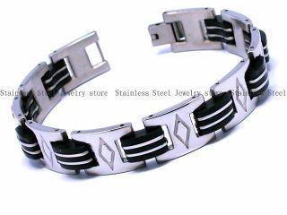 Mens Stainless Steel Bracelets Bangles Link Rubber Black Silver w 