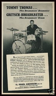 1941 GRETSCH Broadkaster Drums Tommy Thomas Photo Vintage Trade Ad