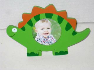 Green Dinosaur Shape Picture Frame Wood Holds 3 Round Photo Desktop 