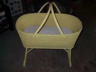 Vintage Wicker Baby Cradle & Mattress Fold Down Handles and Casters 