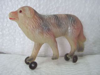 Vintage Celluloid Dog on Wheel Penny Toy, Japan