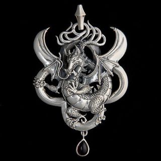 Large Celtic Dragon Pendant with Garnet .925 Sterling Silver Hand 