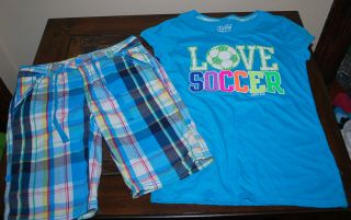 Girls Teen Clothing LOT Size 14 Justice LOVE SOCCER T Shirt & Shorts 
