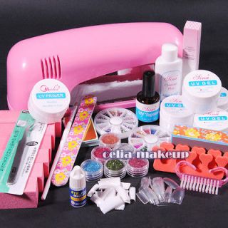 9W UV Gel Pink Lamp Dryer NAIL ART Manicure TIPS SET KIT 6 Glitter 