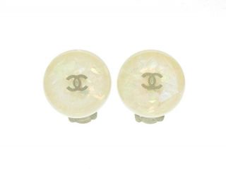 Authentic vintage Chanel earrings silver CC logo white plastic COCO # 