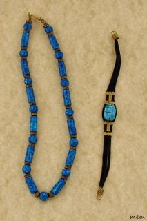 Blue/Teal Pottery Beaded Necklace & Scarab Bracelet