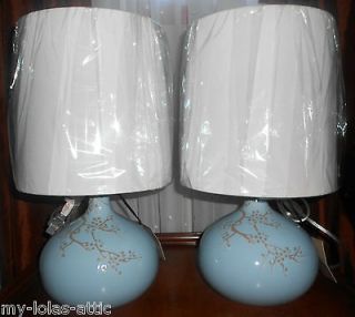 NWT Pair Chic Turquoise Japanese Cherry Blossom Ceramic Table Lamp