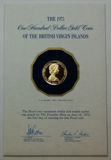   British Virgin Islands $100 Gold Proof Coin, in presentation folder