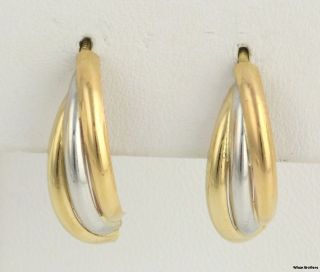 Two Toned Ribbed J Hook Earrings   750 18k Yellow & White Gold 3.2g 