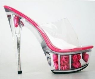 New Womens 6.3 Sexy High Heel Pole Dance Flower Platform Shoes Pink 
