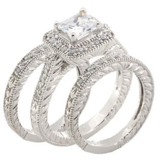 3Pcs 2.6ct Princess CZ Sterling Silver 925 Wedding Ring Set SZ 5 9