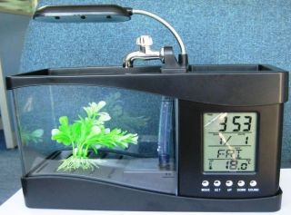 USB/AA Mini Aquarium Desktop Fish Tank With LED Light Alarm Clock LCD 