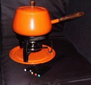 Vintage / Retro Orange Fondue Pot Set Made in Japan w/ 5 Forks,Burner 