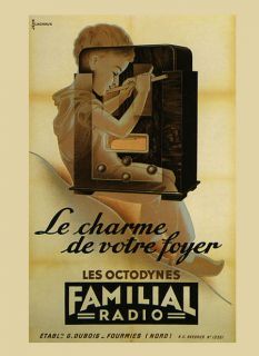 Boy Playing Flute Listening Radio Familial French Vintage Poster Repro 