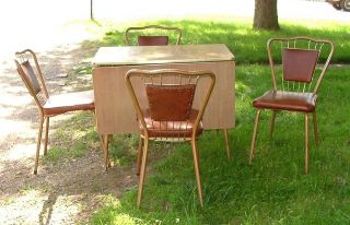 1950s Walter of Wabash Kitchen Set Formica Drop Leaf Table & 4 Wire 