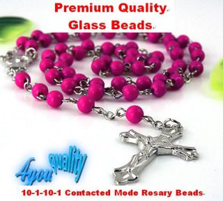 g2b PINK ROSARY BEADS AND DROP CROSS IN SILVER TONE