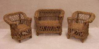   Antique 3 Piece Wicker Rattan Doll Furniture 2 Chairs & Loveseat Couch