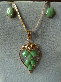 Vintage 14k solid gold jade cluster grape pendant necklace chain 