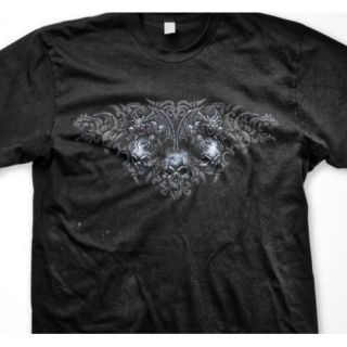 Three Skulls With Gargoyles And Dragons Medieval Gothic Death Mens T 