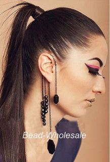   Cool Rock Punk Exquisite Black Beads Long Tassels Ear Cuff Earring