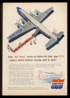 1954 nice United Airlines DC 7 plane & red carpet art vintage print ad