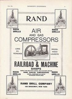 1899 Rand Drill Co Ad Air & Gas Compressors Rock Drill