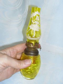 ANTIQUE MINIATURE YELLOW GLASS KEROSENE/OIL LAMP WITH MARY GREGORY 