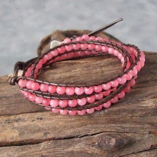 Pink Muse Rhodonite Gemstone Tribal Wrap Leather Bracelet