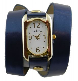Geneva Ladies Blue Faux Leather with Gold Tone Face Wrap Watch