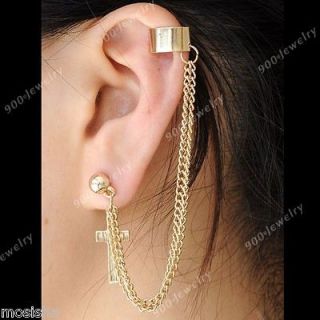 Gold Tone Punk Cross Metal Dangle Earring Stud Tassel Chain Link Ear 